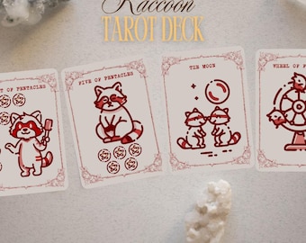 Digitale eenvoudige wasbeertarotdeck – afdrukbare schattige wasbeer-orakelkaarten voor beginners, instant download waarzeggerij met dierenthema