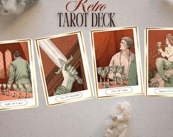 May include: Four tarot cards with gold trim and illustrations. The cards are "Eight of Cups", "Ace of Swords", "Five of Cups", and "Queen of Cups".