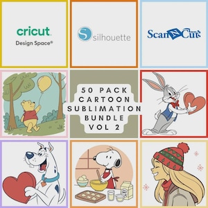 Cartoon SVG Bundle Vol 2, 50 Cute PNG + SVG Designs for Cricut & Silhouette | Kids Graphics, T-Shirts, Party Decor, Stickers and More