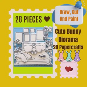 28 Pieces Cute Bunny 3D Design Papercrafts Diorama Template for Papercrafts, Cricut, Silhouette,Cut And Paint, Coloring Page