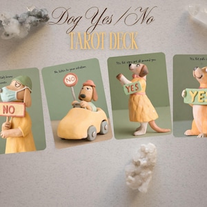 Digitaal ja of nee tarotdeck met kleihondenillustraties – afdrukbare orakelkaarten voor directe download, leuk waarzeggerij voor hondenliefhebbers