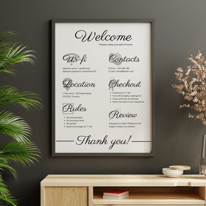Airbnb Welcome Sign, House Rules Frame, Wifi Info, Vacation Home Rental, Guest Arrival Poster, VRBO, Editable, Printable, Canva Template