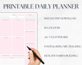 Daily Food & Skincare Routine Planner, Meal Tracker, Self Care Wellness Diary, Workout Log, Beauty Journal, Undated, Printable PDF A4/Letter
