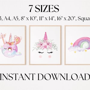May include: Three framed watercolour prints with fantasy themes. One depicts a donut with a horn and wand, another a unicorn face with flowers, and the last a rainbow. Text reads "7 SIZES" and "INSTANT DOWNLOAD".