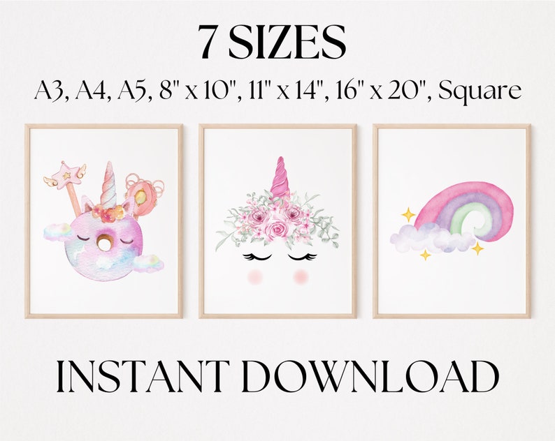 May include: Three framed watercolour prints with fantasy themes. One depicts a donut with a horn and wand, another a unicorn face with flowers, and the last a rainbow. Text reads "7 SIZES" and "INSTANT DOWNLOAD".