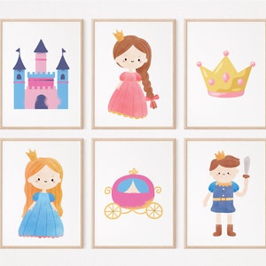 Set van 6 afdrukbare prinses kunst aan de muur, foto's voor meisjeskamer, meisjes slaapkamer decor, prinses prints, kinderkamer decor, prinses muur decor set