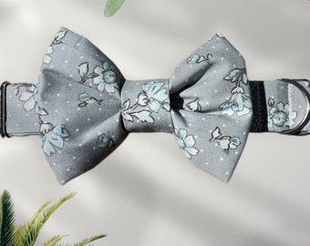 Dog collar with Bow. Grey with blue flowers.