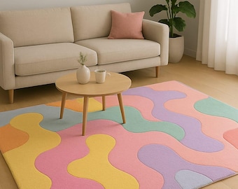 Hand Tufted Wool Rug Abstract Pastel Wavy Design Modern Carpet