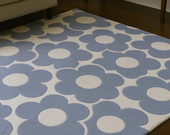 Blue Floral Wool Rug | Hand Tufted Retro Carpet