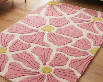 Pink Daisy Flower Rug | Tufted Floral Area Rug | Handmade