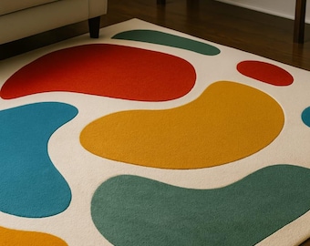 Alfombra moderna abstracta de lana multicolor tejida a mano.
