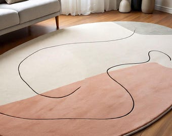 Hand Tufted Wool Round Rug Modern Abstract Beige Terracotta Carpet