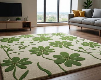 Hand-Tufted Green Floral Wool Rug: Botanical Living Room Carpet