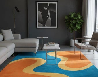 Hand getufteter Wollteppich | Modernes Abstraktes Orange, Blau, Gelb