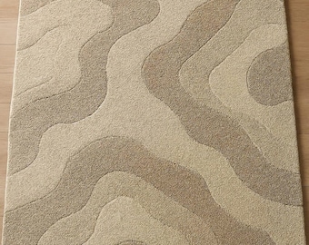 Hand Tufted Wool Wavy Rug - Neutral Beige Abstract Carpet
