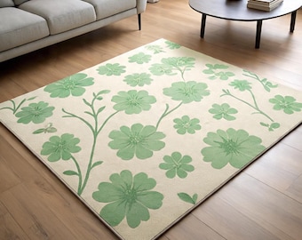 Floral Wool Rug Hand Tufted Green Botanical Carpet