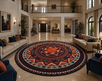 Round Geometric Area Rug, Boho Mandala Carpet Tribal Pattern Rug Colorful Circular