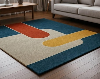 Geometrisch vloerkleed uit het midden van de eeuw modern marineblauw mosterdgeel terracotta vloerkleed