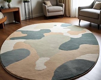 Hand Tufted Wool Rug Round Abstract Earth Tone Area Carpet