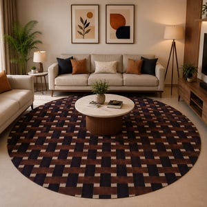 Round Leather Patchwork Rug, Brown Geometric Area Rug, Handmade Cowhide Carpet