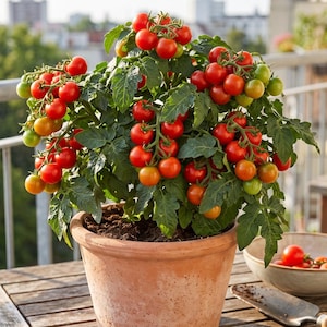 Könnte beinhalten: Eine Tomatenpflanze im Topf mit zahlreichen Büscheln kleiner, runder, leuchtend roter und grüner Tomaten an grünen, beblätterten Stielen. Die Pflanze steht in einem terrakottafarbenen Tontopf mit dunkler Erde und zeigt eine reiche Ernte.