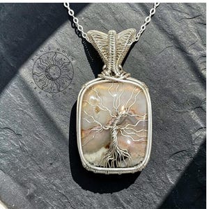 Java Agate Necklace, Wire Wrapped Tree of Life Pendant, Sterling Silver Crystal Jewelry, Nature Lover Gift, Unique Statement Piece