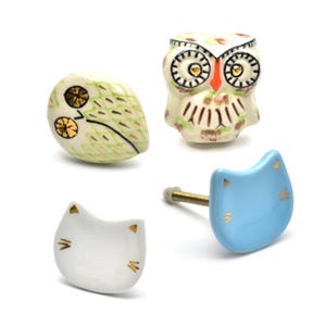 Exquisite Owl Shape & Cat Shape Hand Painted Handmade Ceramic Cabinet Drawer Knobs