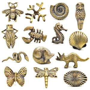 May include: A collection of antique brass cabinet knobs in various shapes, including a bee, coral, a seashell, an owl, a beetle, a lobster, a seahorse, a snake, a cat, a dinosaur, a butterfly, a dragonfly, and a sunburst design.