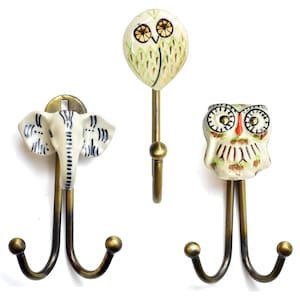Hand-Painted Ceramic Animal Wall Hook | Brass Finish, Boho Decor | SHILPWARE