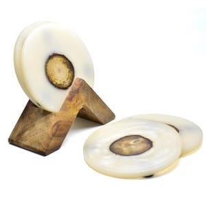 Holder and Coasters Set of 4 | Wood with Brass Round Coasters | Home Decor | Ideal for Coffee & Tea Lovers