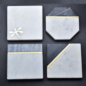 Elegant White and Black Marble Square Coaster with Brass Inlay