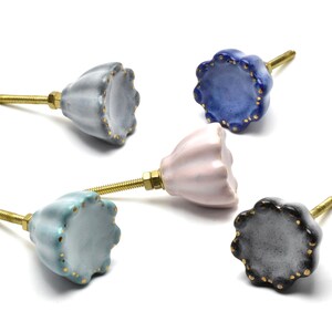 May include: Five ceramic cabinet knobs with gold accents. The knobs are in various colors, including blue, gray, pink, and teal.