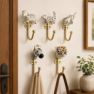 Ceramic Animal Brass Wall Hook |  Hand Painted Zebra & Leopard Decor | SHILPWARE