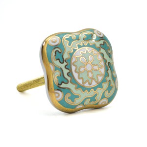 Melon Ceramic Knob | Hand Painted Floral Drawer Knob | Turquoise Gold Cabinet Knobs | SHILPWARE