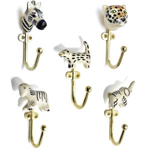 Keramik Tier Wandhaken Messing |  Handgemaltes Zebra & Leopard Dekor | SHILPWARE
