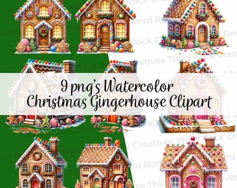 Festive Watercolor Christmas Holiday Gingerbread house collection clipart, PNG, winter vacations, Free commercial use, bundle