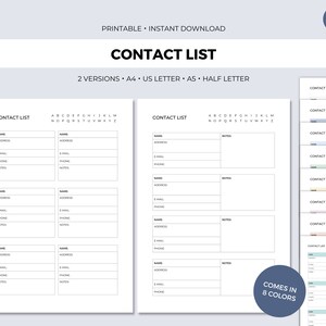 Contact List Printable Address List PDF Contact List Print - Etsy