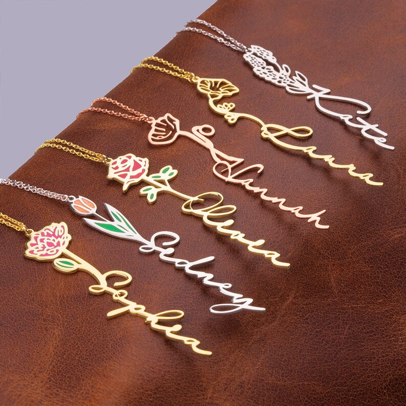 Floral Name Necklace Birth Flower Custom Name Necklace Etsy