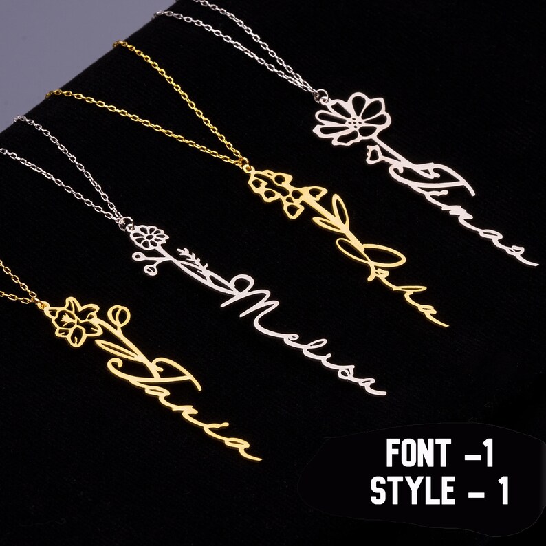 Floral Name Necklace Birth Flower Custom Name Necklace Etsy