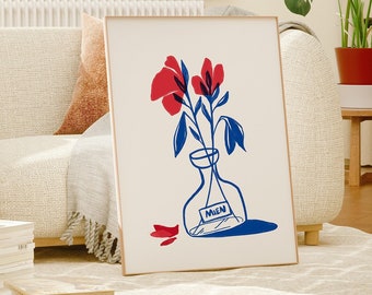 Póster floral azul francés - Impresión en lienzo minimalista y moderna para pared