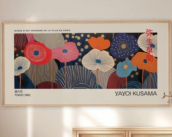 Blommig poster i Yayoi Kusama-stil - Stor panoramautsikt över japansk abstrakt konst för sovrum