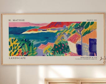May include: A rectangular framed art print featuring a colourful landscape painting by H. Matisse. The artwork displays vibrant blue, red, yellow, and green brushstrokes. Text includes H. MATISSE, LANDSCAPE, FRANCE 1905, and BERGGRUEN & CIE.