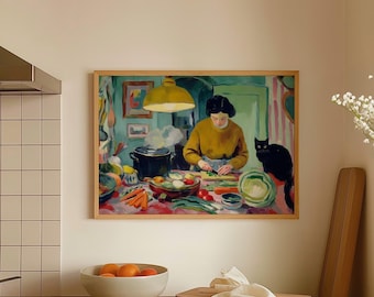 Kochende Frau und Katze - Retro Food Lover Art für Küchendekor