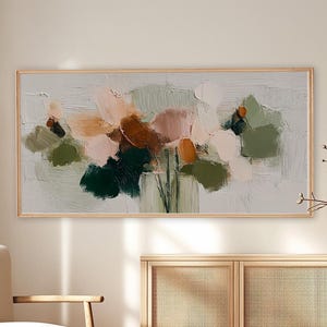 Abstrakter floraler Leinwanddruck, strukturierte terrakottafarbene und salbeigrüne Wanddekoration für das Wohnzimmer