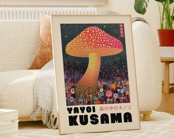 May include: A colorful poster featuring a large, red and yellow mushroom with white polka dots. The mushroom is surrounded by smaller, colorful flowers. The poster is titled "Yayoi Kusama" and features the Japanese text "森の中のキノコ" which translates to "Mushroom in the Forest".