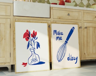 Juego de 2 pósteres decorativos para la cocina: láminas modernas con motivos florales y de batidores sobre lienzo.