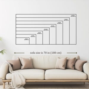 a living room with a large sofa, a potted plant, and a wooden side table. The sofa is described as being 70 inches (180 centimeters) long.
