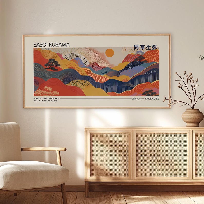 Cuadro de pared inspirado en Yayoi Kusama, impresión panorámica de paisaje a color para la decoración del hogar japonesa. imagen 1