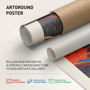 The image is an advertisement for an artground poster, which is rolled and packed in a strong cardboard tube to ensure safe delivery.