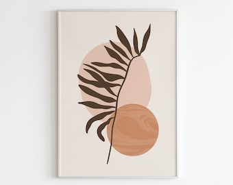 Boho Leaf Art Print with Abstract Shapes for Bedroom - Neutral Digital Download